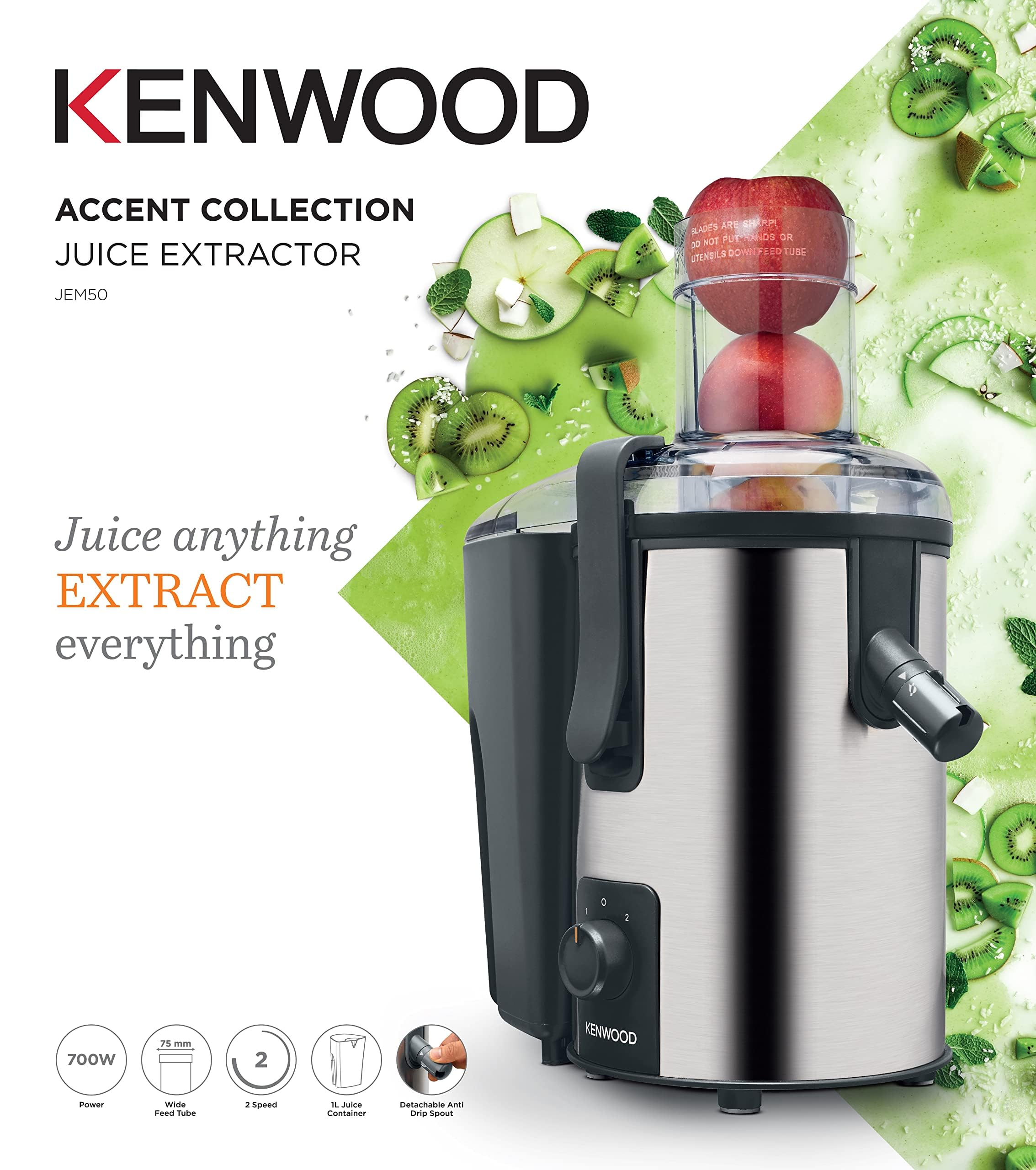KENWOOD Juicer 700W Stainless Steel Juice Extractor with 75mm Wide Feed Tube, 2 Speed, Transparent Juice Jug, Pulp Container, Anti Drip for Home عصارة من الستانل ستيل بفوهة واسعة 75 ملم و2 سرعات ونظام مضاد للتنقيط من كينوود KENWOOD Juicer 700W Stainless Steel Juice Extractor with 75mm Wide Feed Tube, 2 Speed, Transparent Juice Jug, Pulp Container, Anti Drip for Home عصارة من الستانل ستيل بفوهة واسعة 75 ملم و2 سرعات ونظام مضاد للتنقيط من كينوود